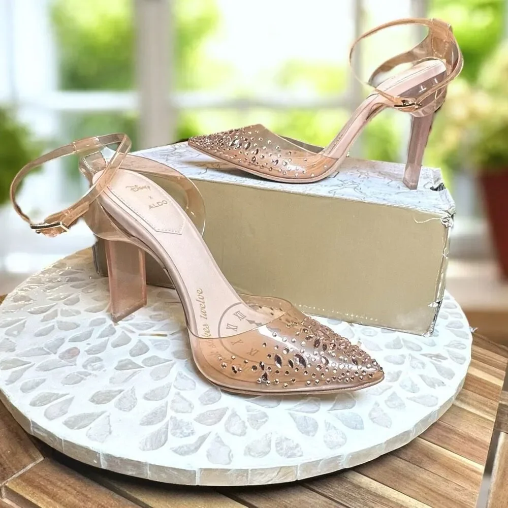 Disney x ALDO Glass Slipper Heels Clear Rhinestone Cinderella Pumps Bone Size 7.